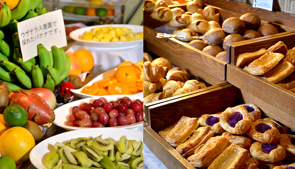 fruits and bread of breakfast buffet