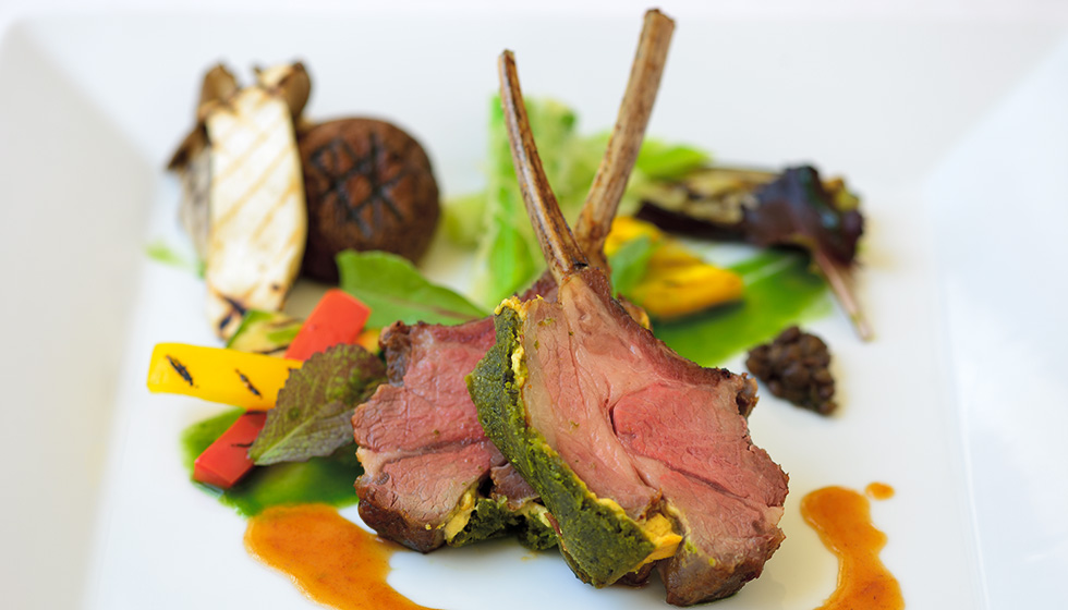 herb-crusted roast lamb served with mugwort puree