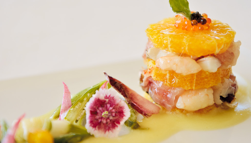 fish and fruits in mille-feuille style