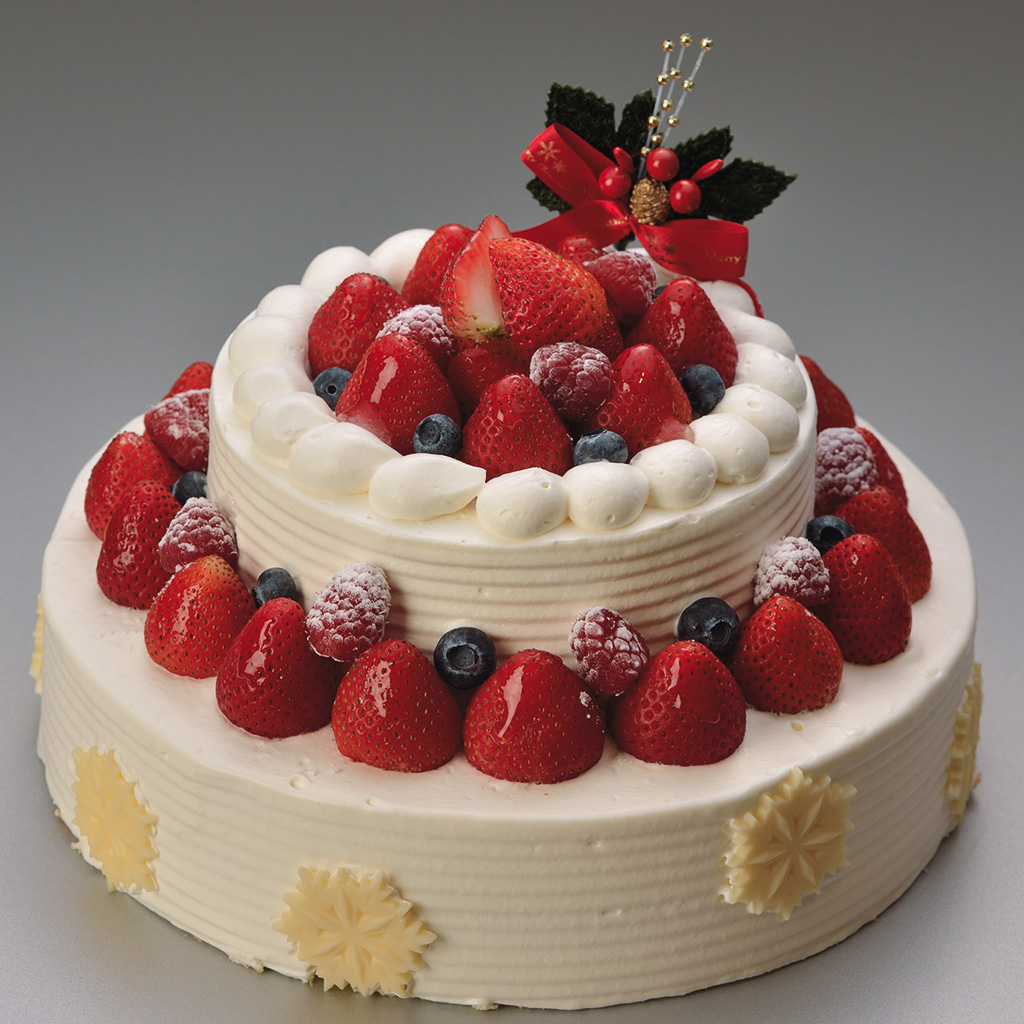 生クリームにイチゴがたっぷり乗った2段のクリスマスケーキ