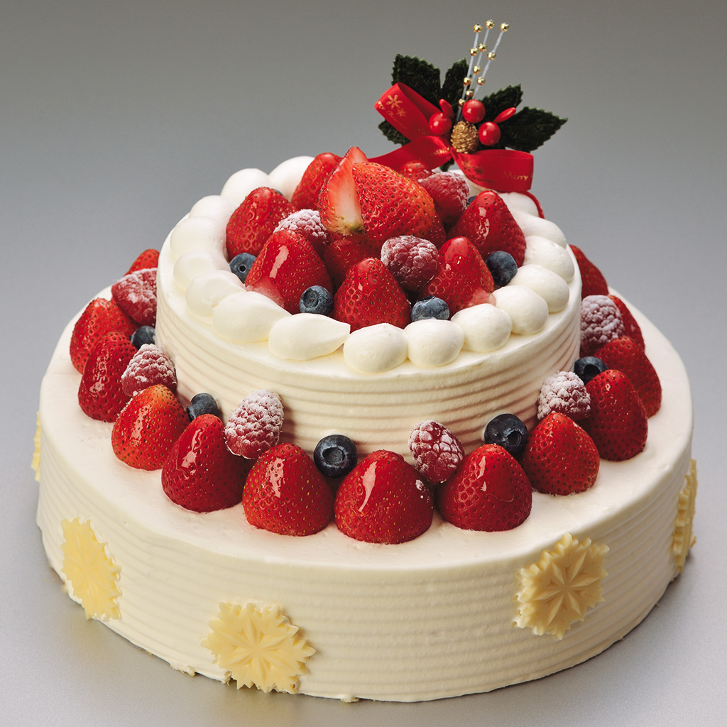 生クリームにイチゴがたっぷり乗った2段のクリスマスケーキ